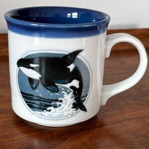 Otagiri Orca Killer Whale Mug Blue Vintage Embossed Coffee Cup Japan Ocean